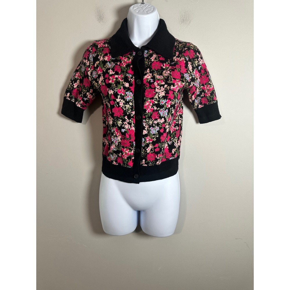 Maeve Anthropologie Floral Cropped Cardigan Sweater Black Pink XXS OB2107872